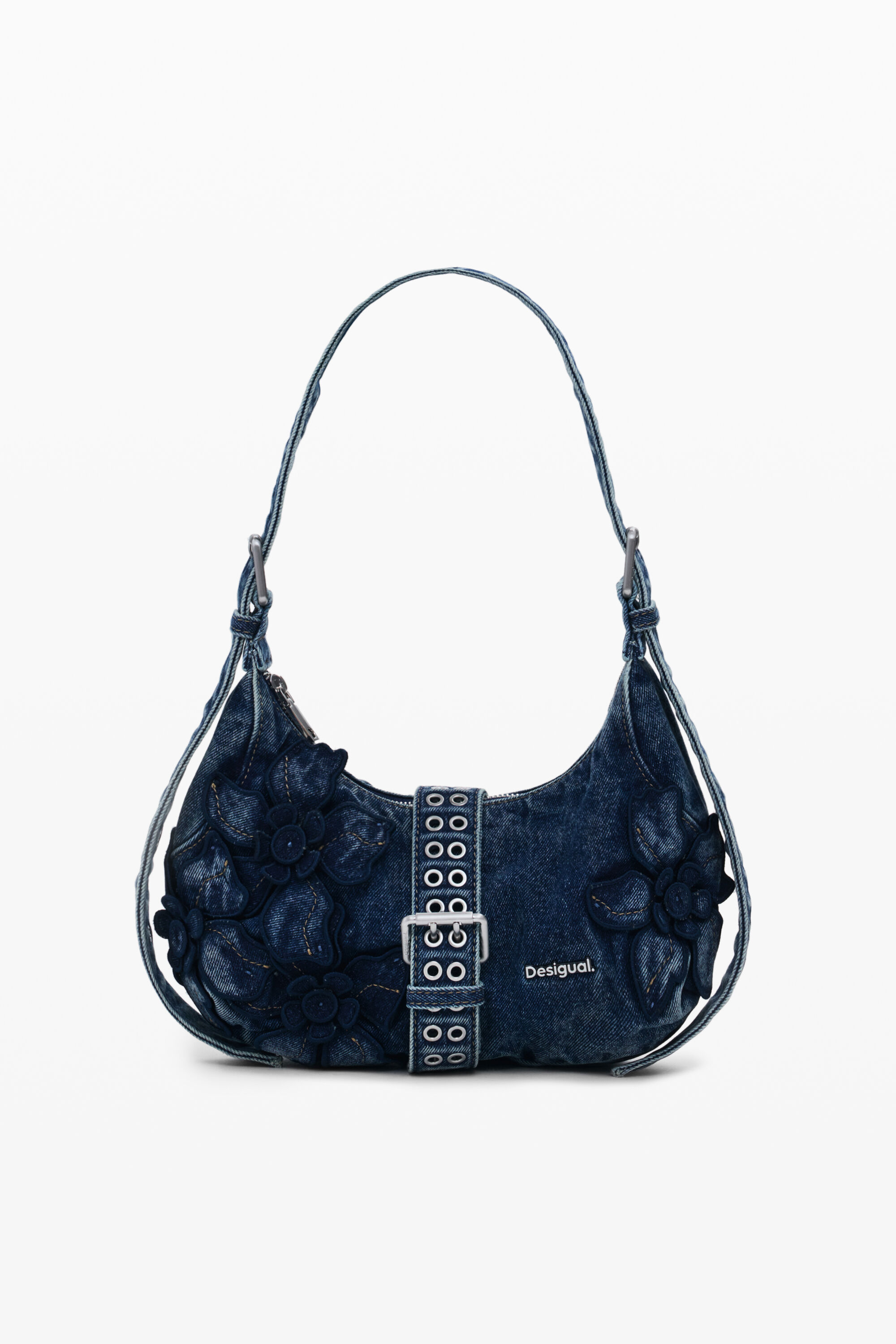 Medium distressed denim bag with buckle