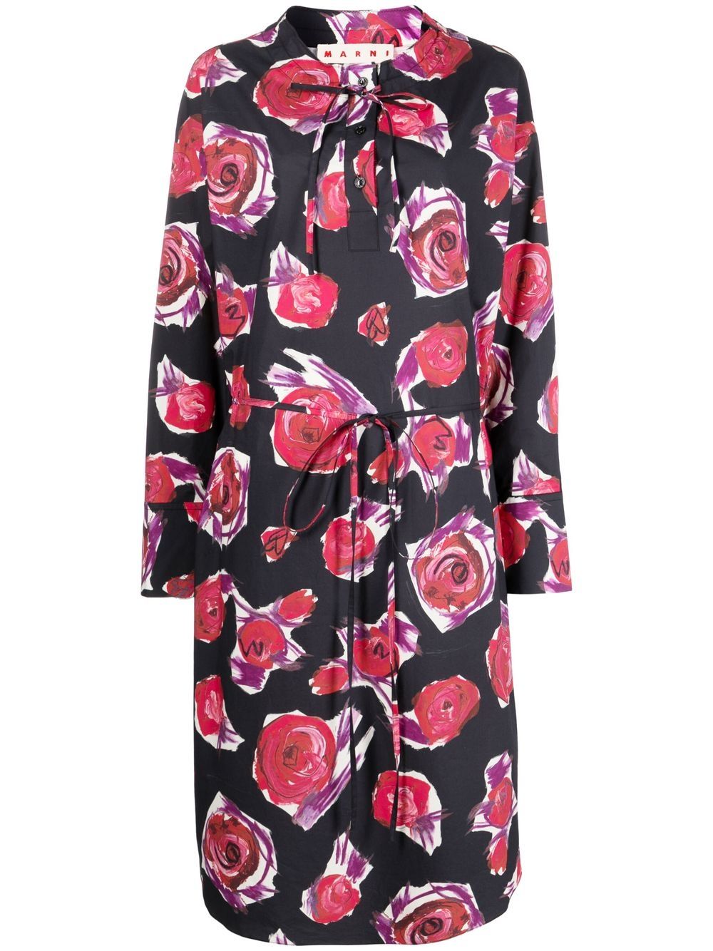 Rose-print tie-waist dress - Black