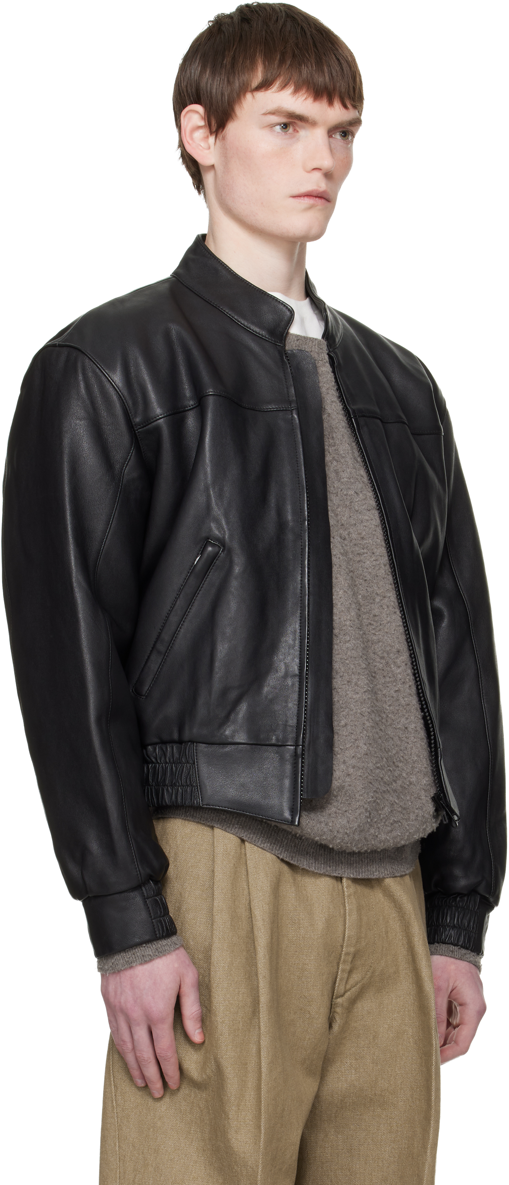 Black Leather Polo Biker Jacket