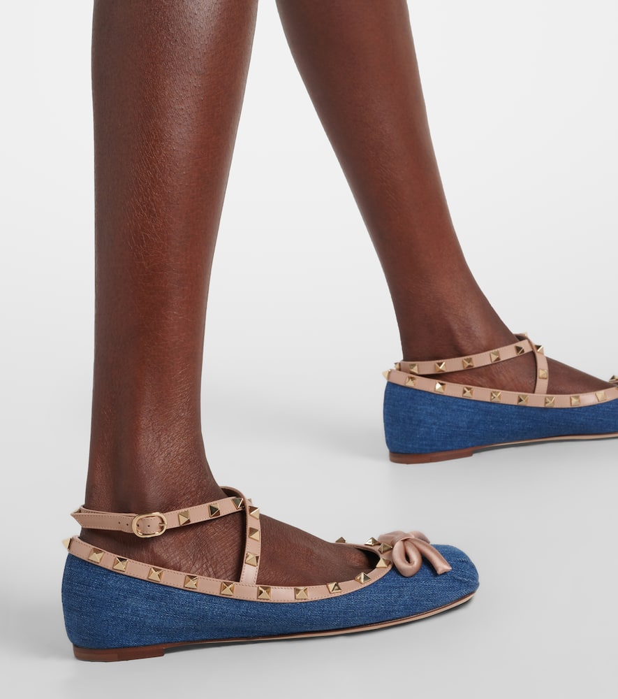 Rockstud leather-trimmed denim ballet flats