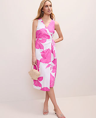 Ann Taylor Floral Midi Wrap Dress in Linen Blend