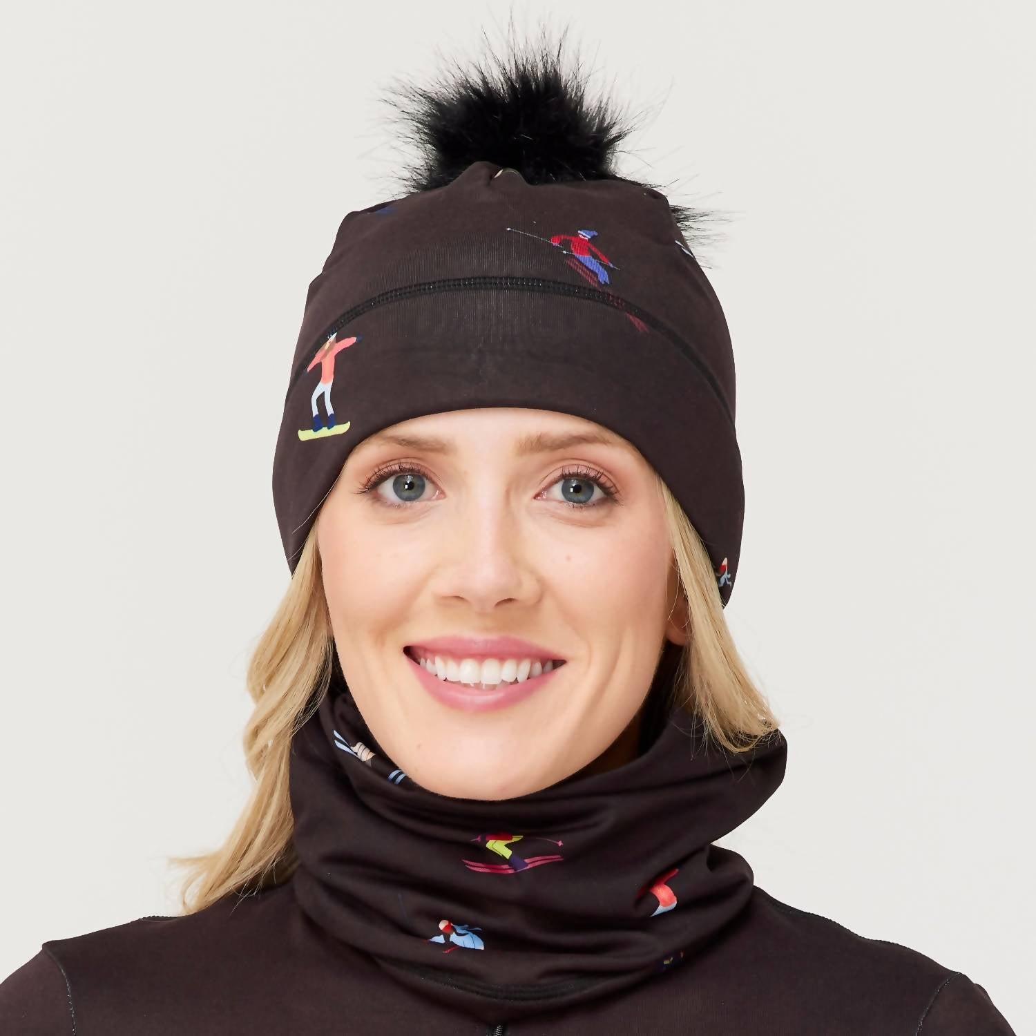 Illustrated Beanie In Multi Skier Black