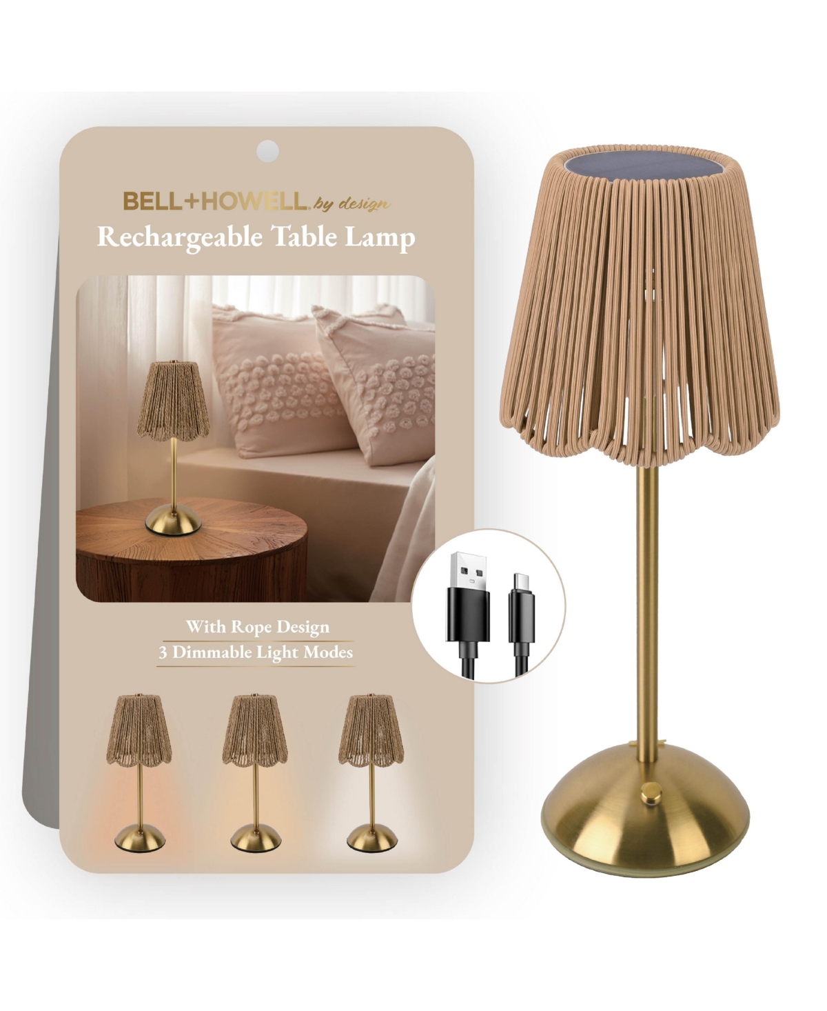 Rechargeable Rope Design Portable Led Light with 3 Dimmable Modes Table Lamp - Brown