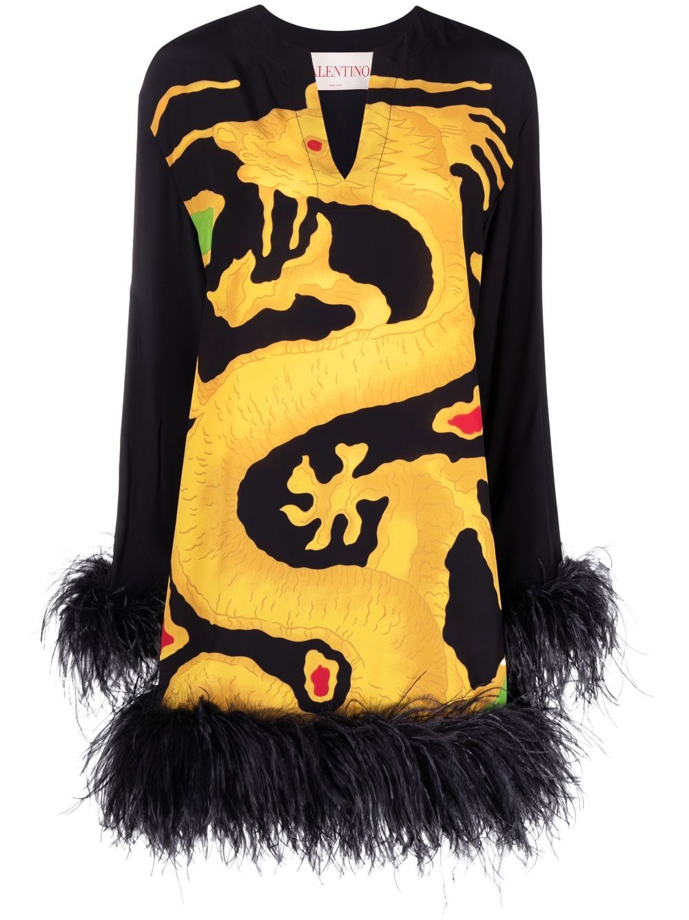 Dragon-print feather-trim silk dress - Black