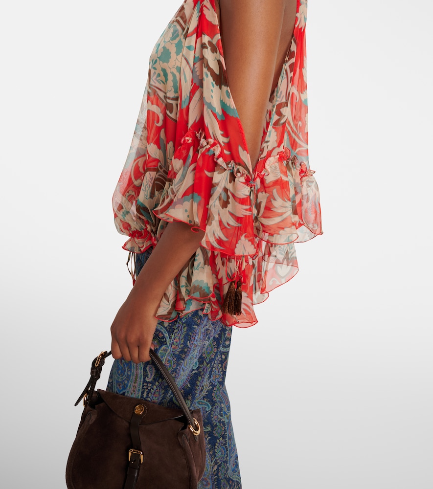 Printed one-shoulder ruffled silk top