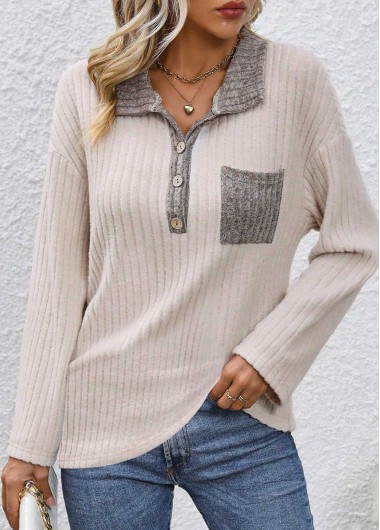 Modlily Beige Button Long Sleeve Turn Down Collar Sweatshirt