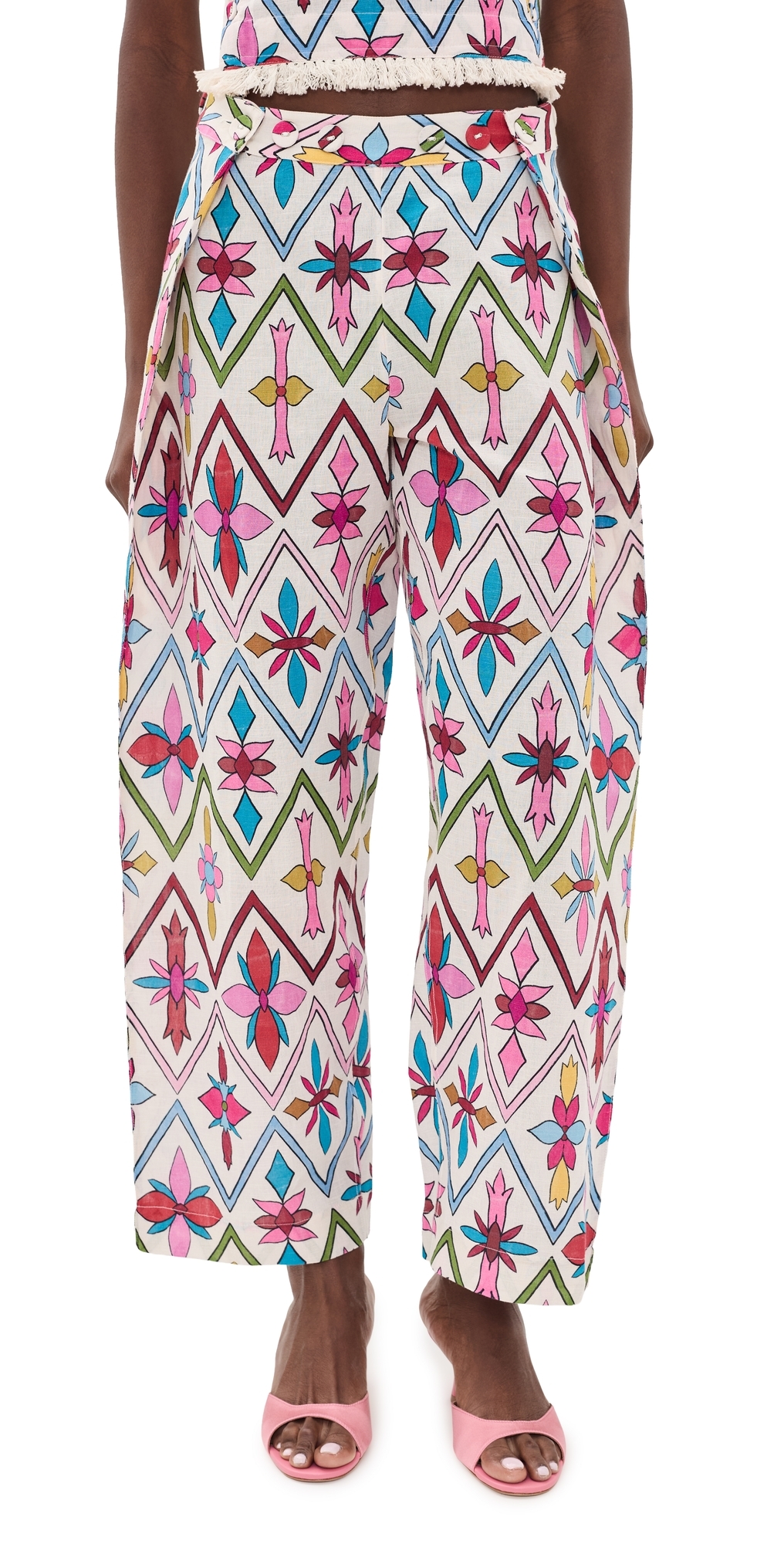 Adjustable Marina Button Pants Lattice Floral Lotus Flower One Size