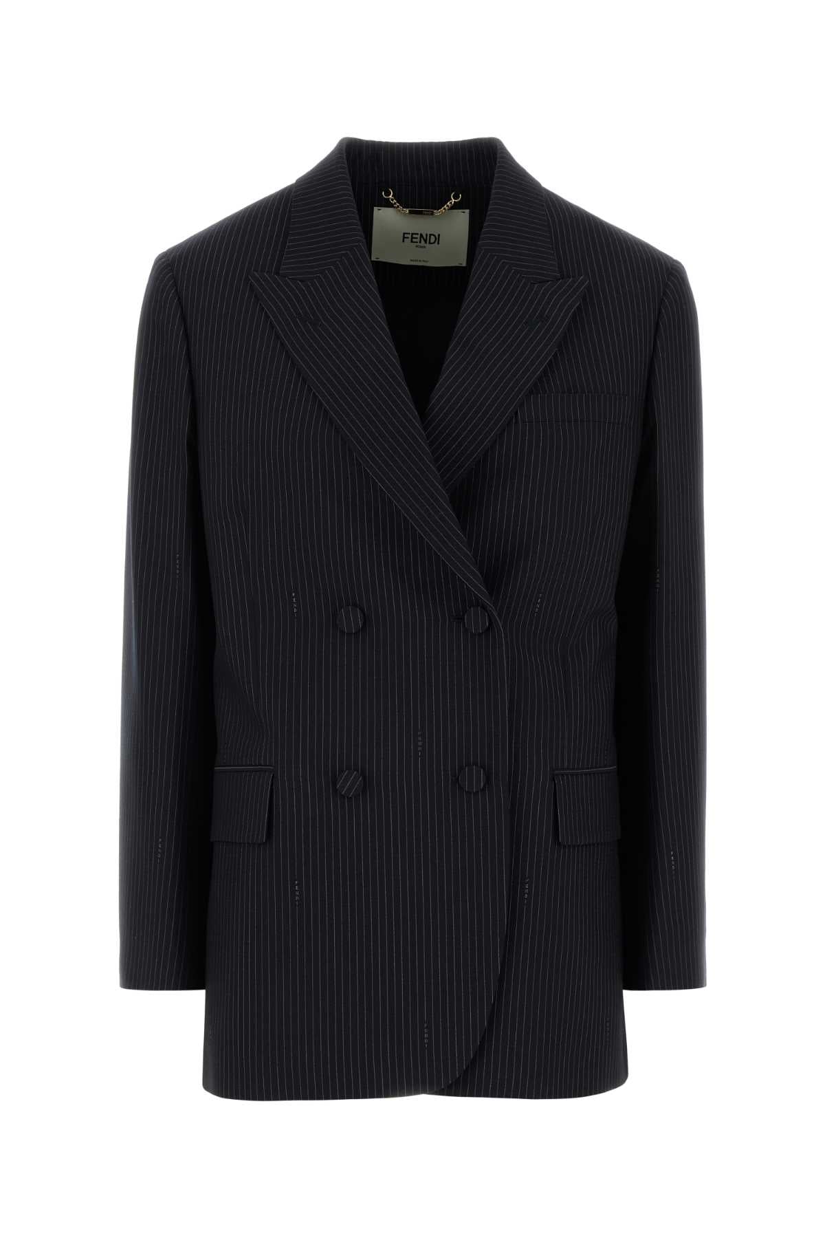 Pinstriped Wool Blazer — Navy