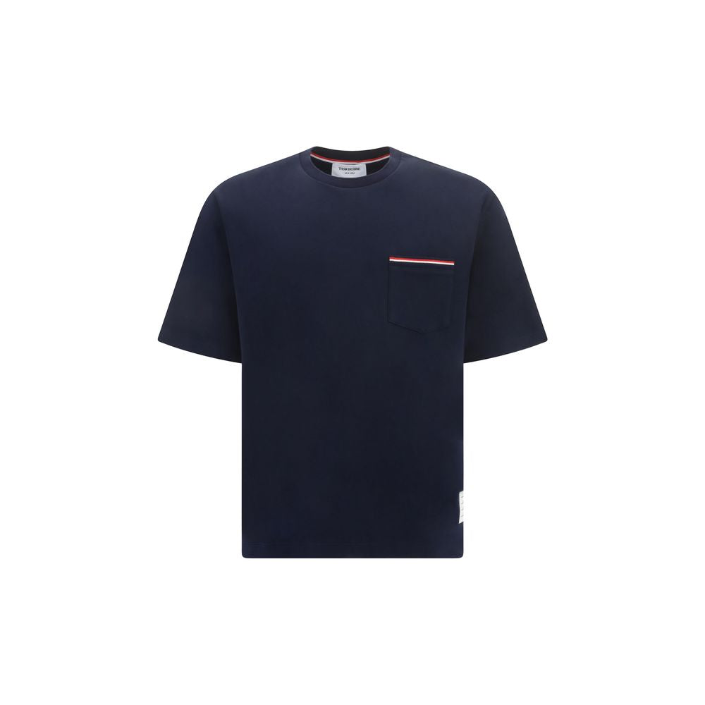 Cotton Crew-Neck with Tricolor Trim Pocket T-Shirt — Navy