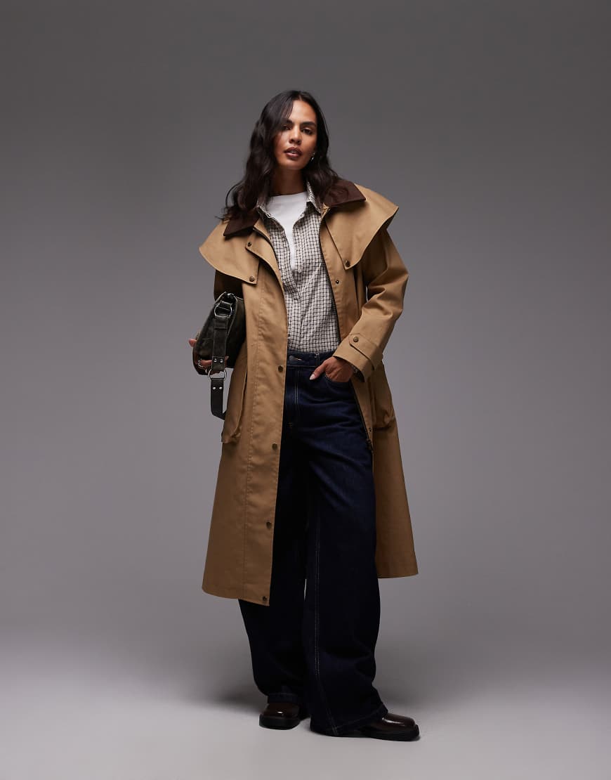 Cape detail longline rain mac in sand-Neutral