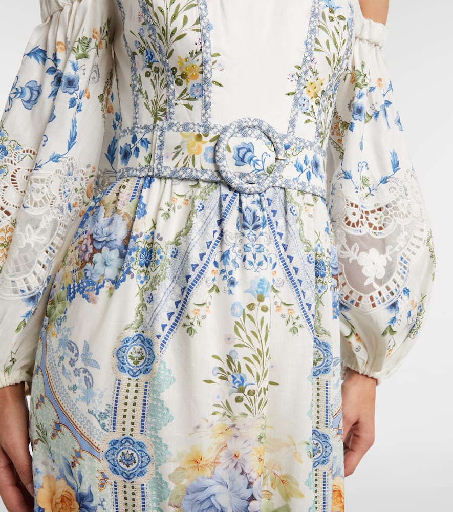 Floral off-shoulder linen and silk maxi dress