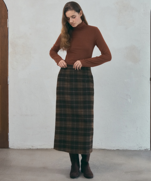 Wool Pencil Check Skirt_Brown