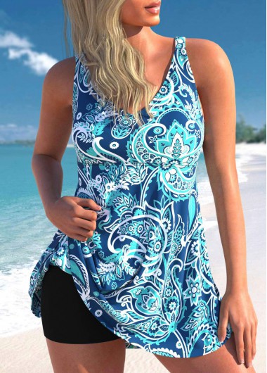 Modlily Paisley Print Wide Strap Blue Swimdress Top