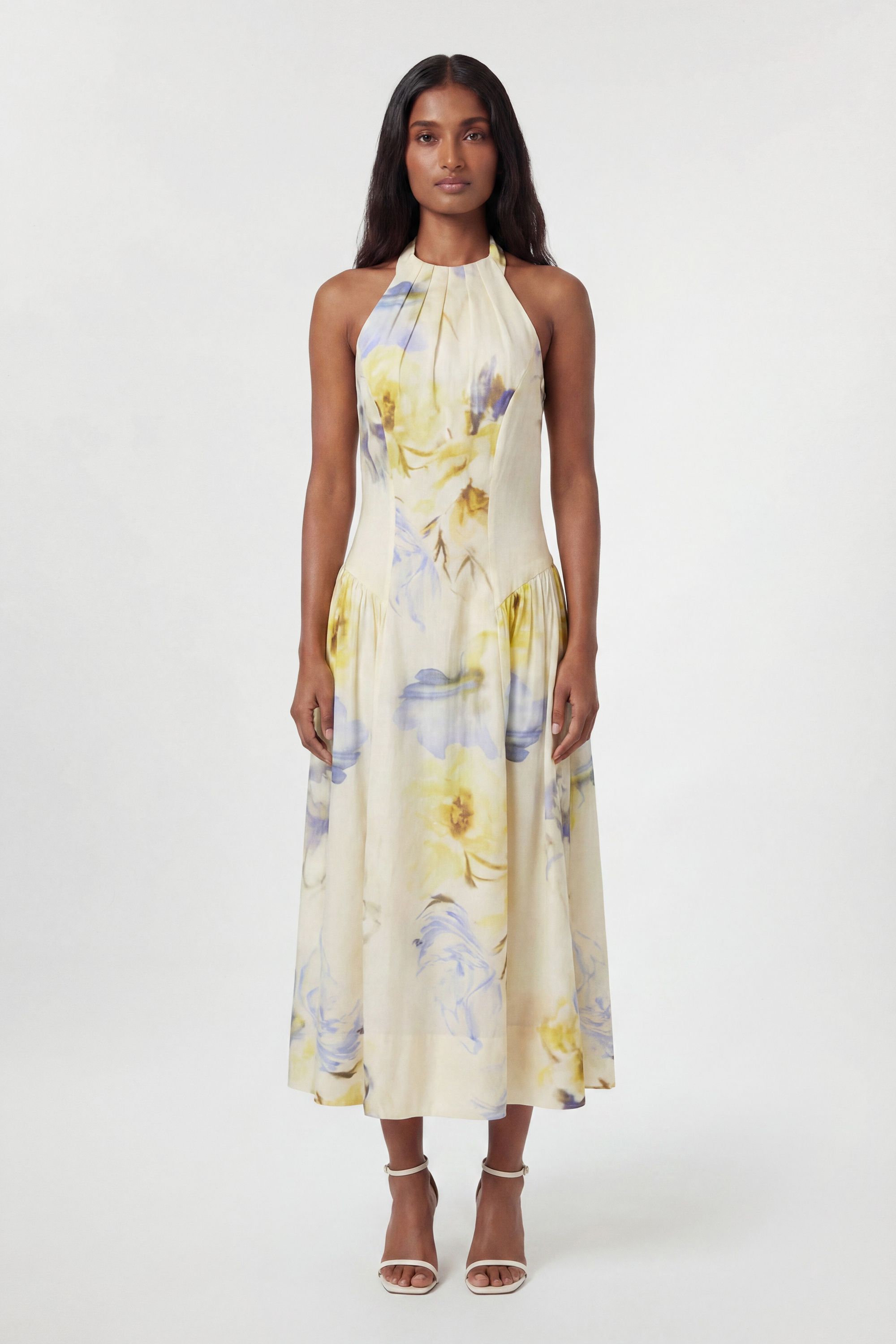 Karen Millen Womens Blue Floral Strappy Halter Neck Woven Midi Dress Lyoce