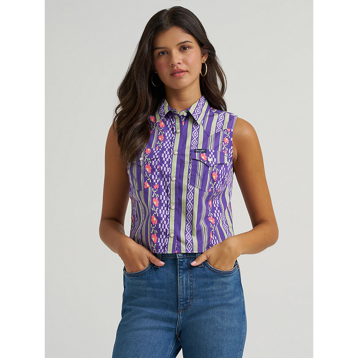 Women's Sleeveless Checotah Western Snap Shirt in Purple