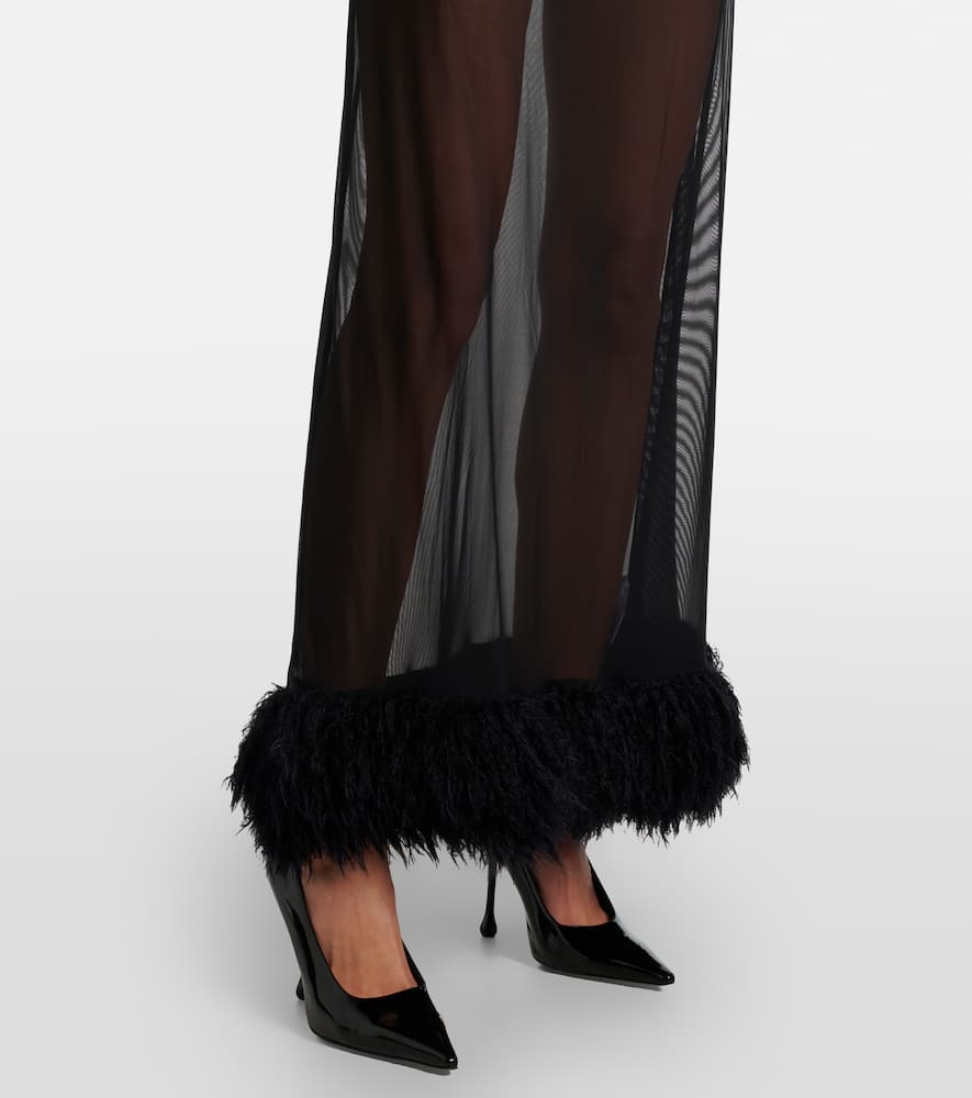 Faux feather-trimmed mesh maxi dress