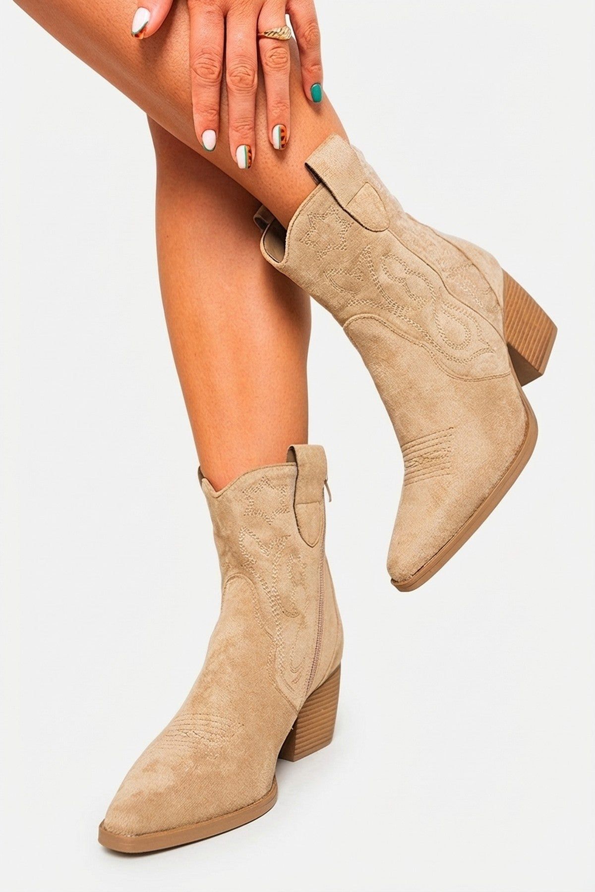 IKRUSH Women's Laura Faux Suede Cowboy Ankle Length Boots in Khaki