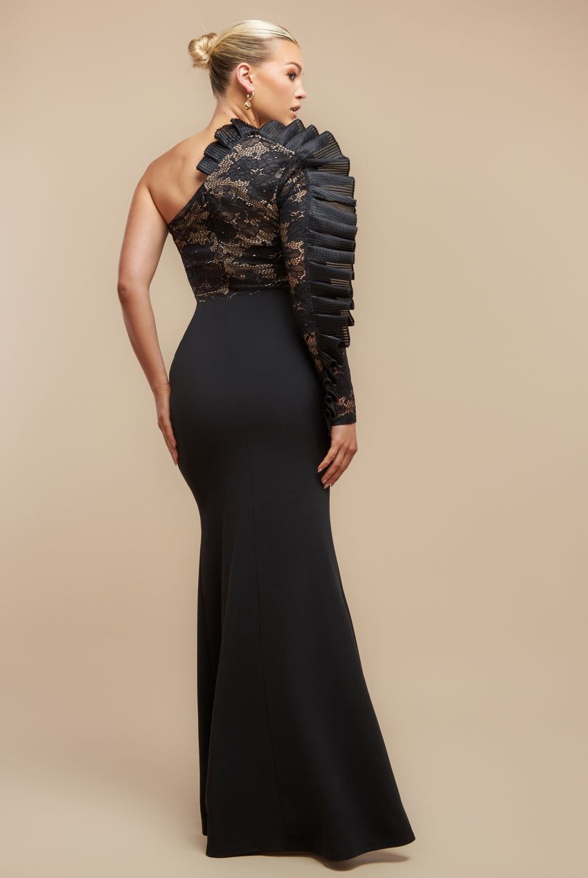 One Shoulder Organza  Fan Detail Lace Bodice Maxi Dress