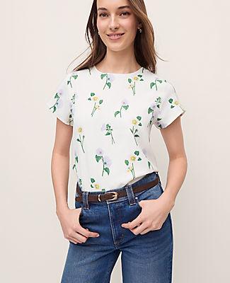 Ann Taylor Floral Mixed Media Crew Neck Tee