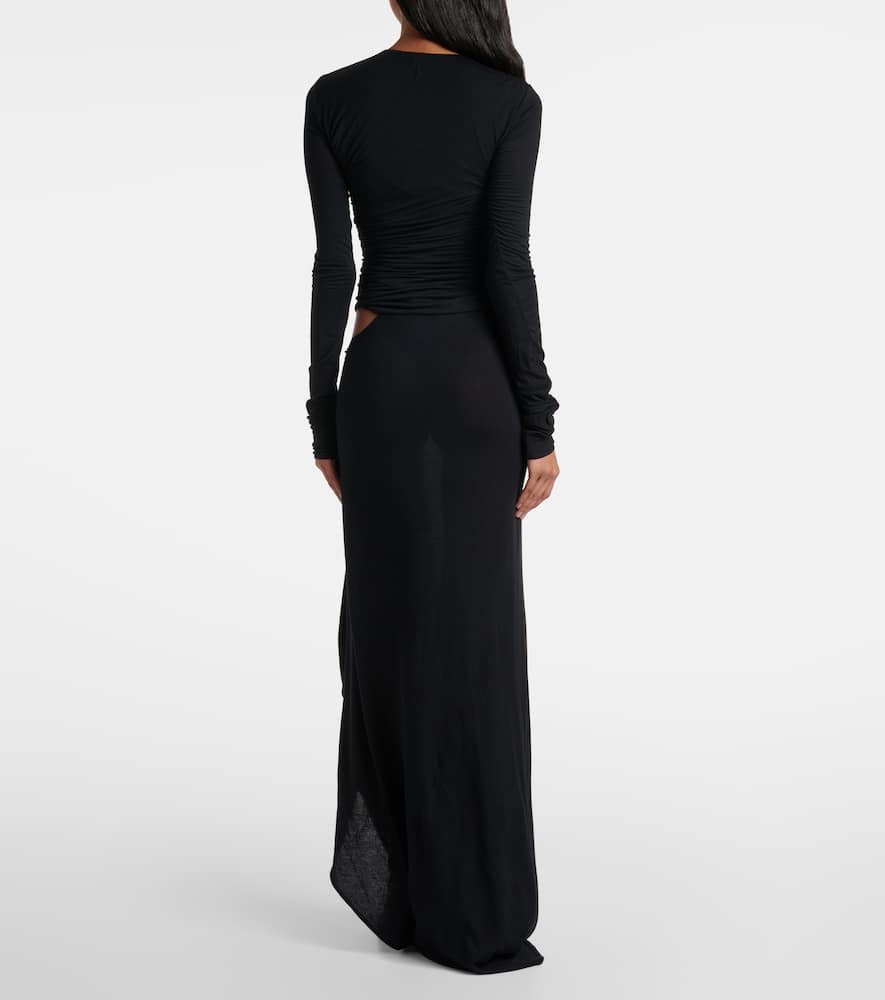 Draped cutout semi-sheer maxi dress
