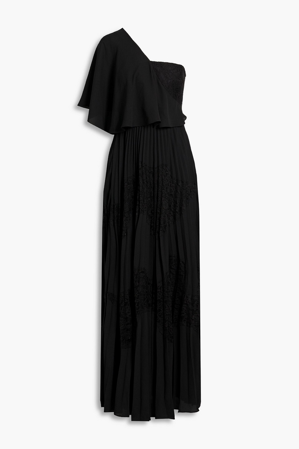One-shoulder pleated crepe and lace maxi dress - Black - US 6