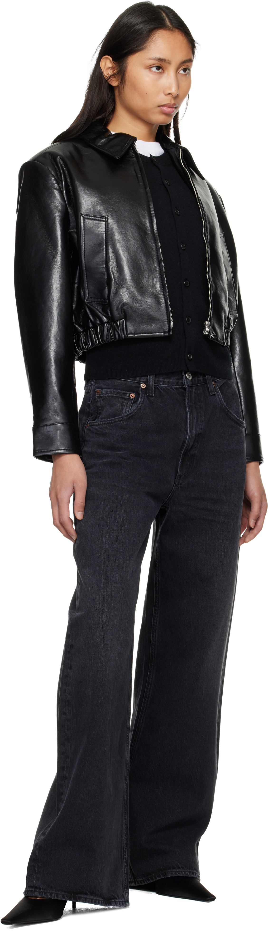 Black Nahla Cropped Recycled Leather Jacket