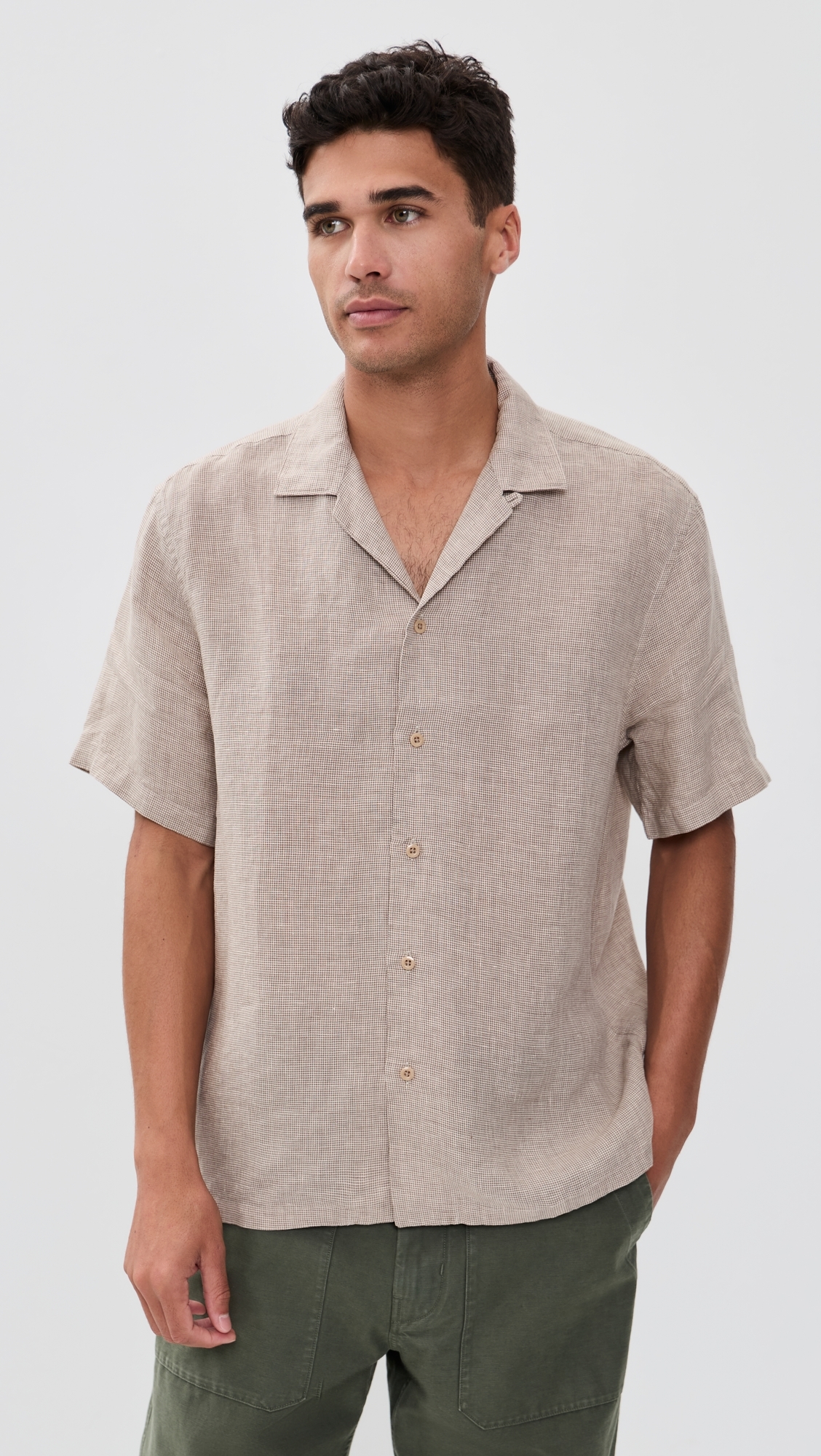 Short Sleeve Laguna Linen Camp Shirt Khaki Pincheck