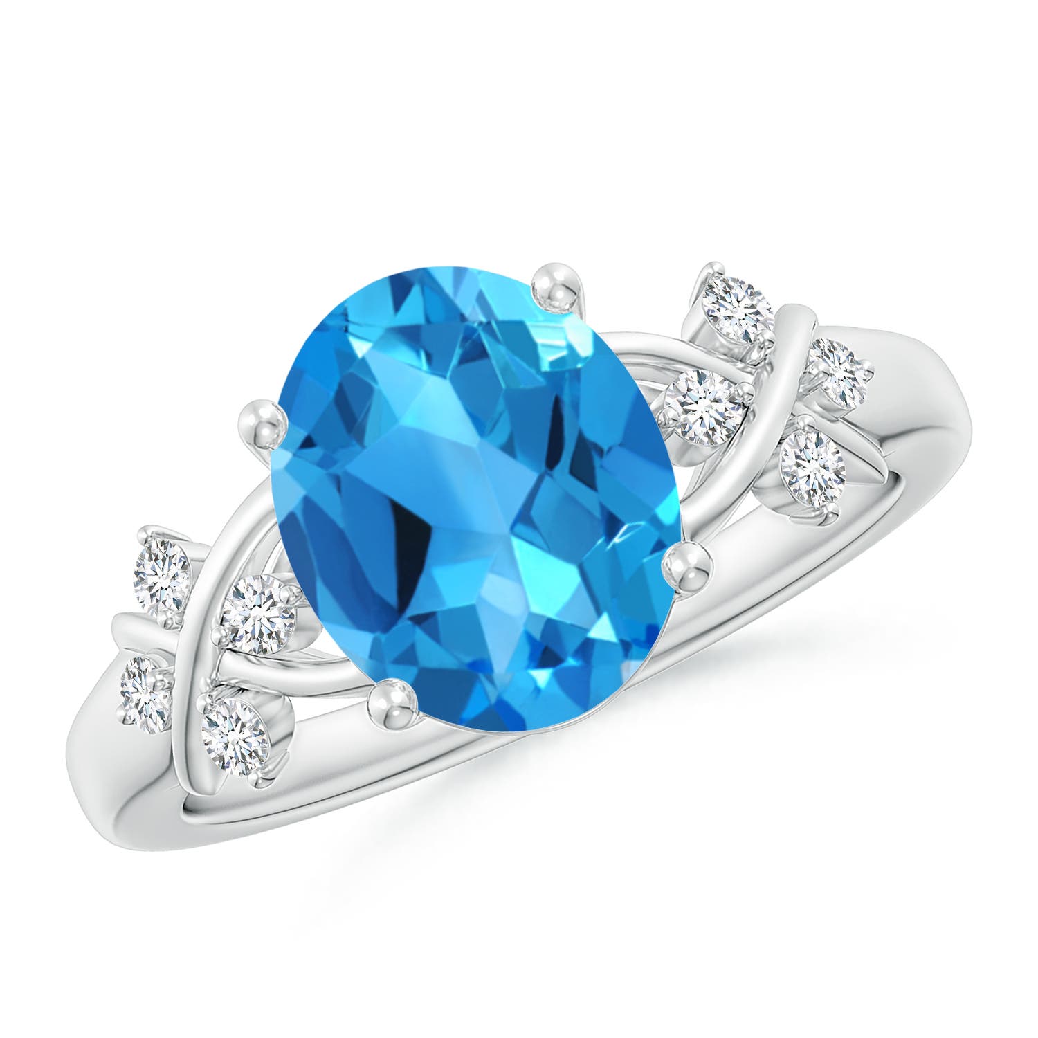 Angara 3.25 Carats Solitaire Oval Swiss Blue Topaz Criss Cross Ring with Diamonds in Platinum