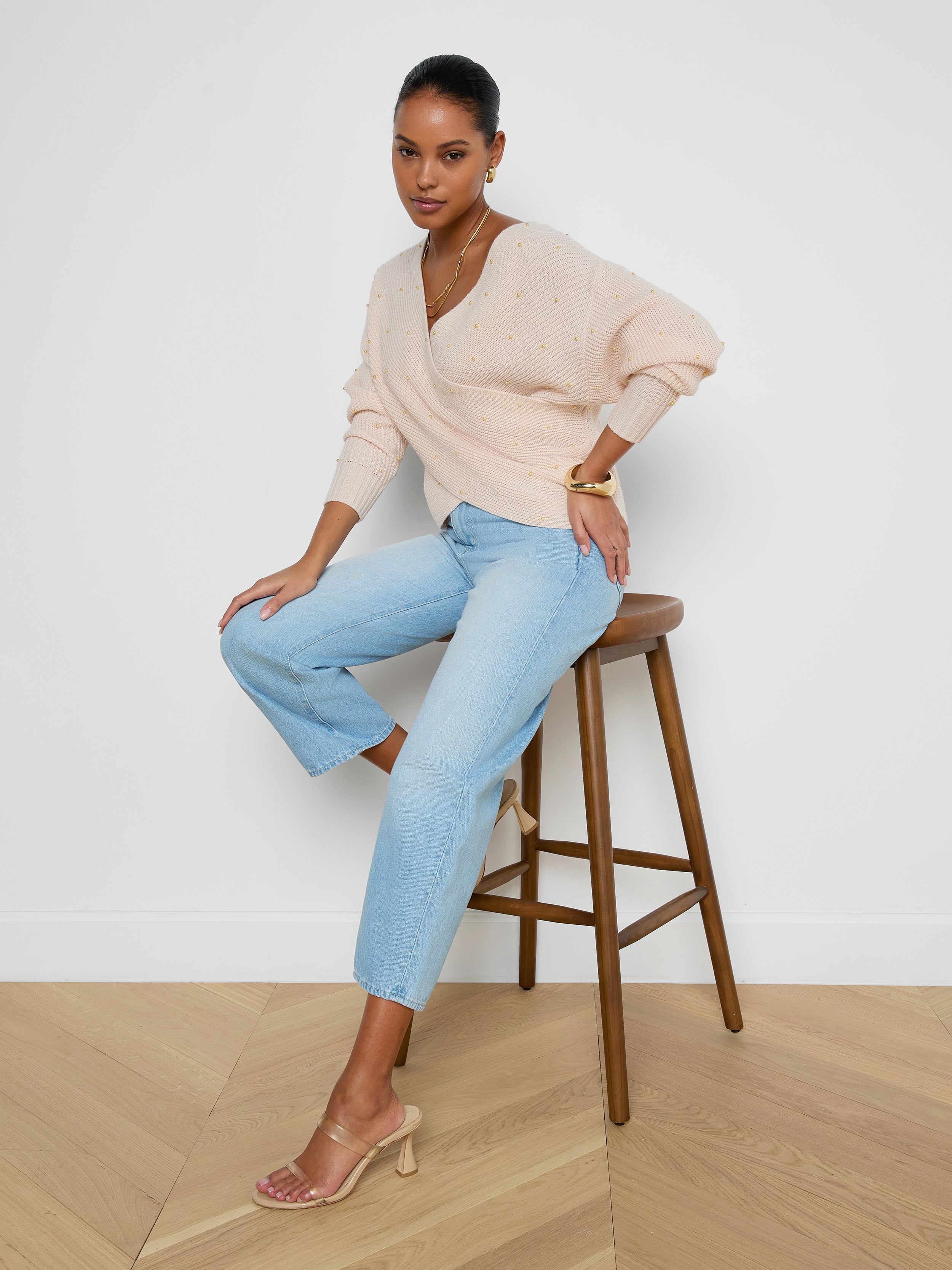 Antonella Crossover Sweater In Soft Blush/gold