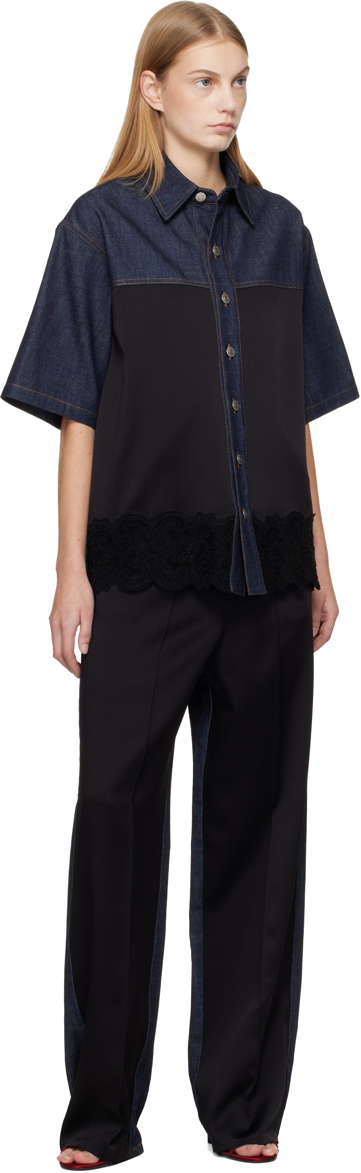 Navy & Black Wide-Leg Satin-Panel Jeans
