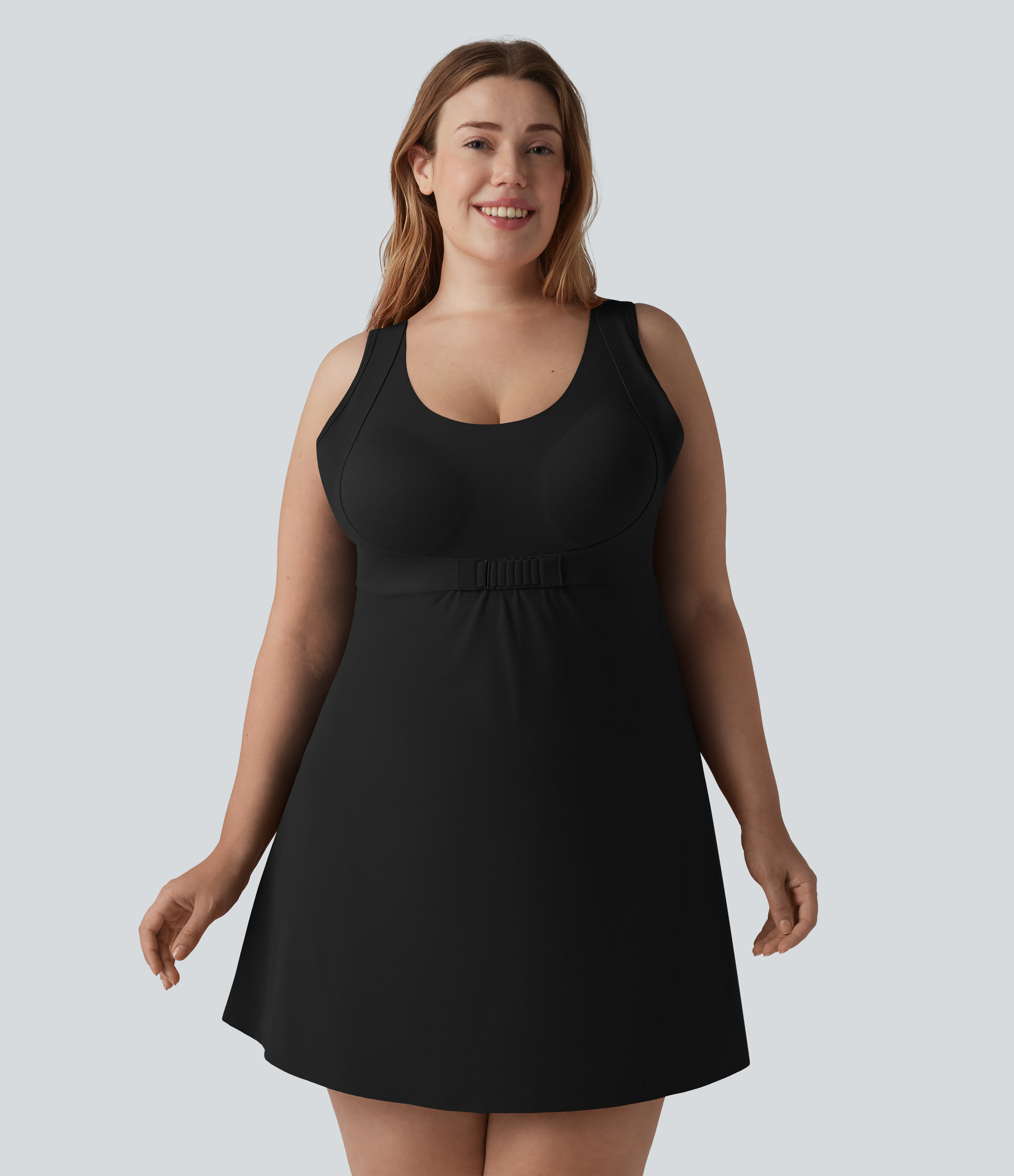Plus Size UltraSculpt™ Built-in Bra Push-Up 2-in-1 Mini Tennis Active Dress with Pockets-Easy Peezy Edition Workout Dress - Black