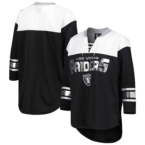 Women's G-III 4Her by Carl Banks Black/White Las Vegas Raiders Double Team 4-Sleeve Lace-Up T-Shir