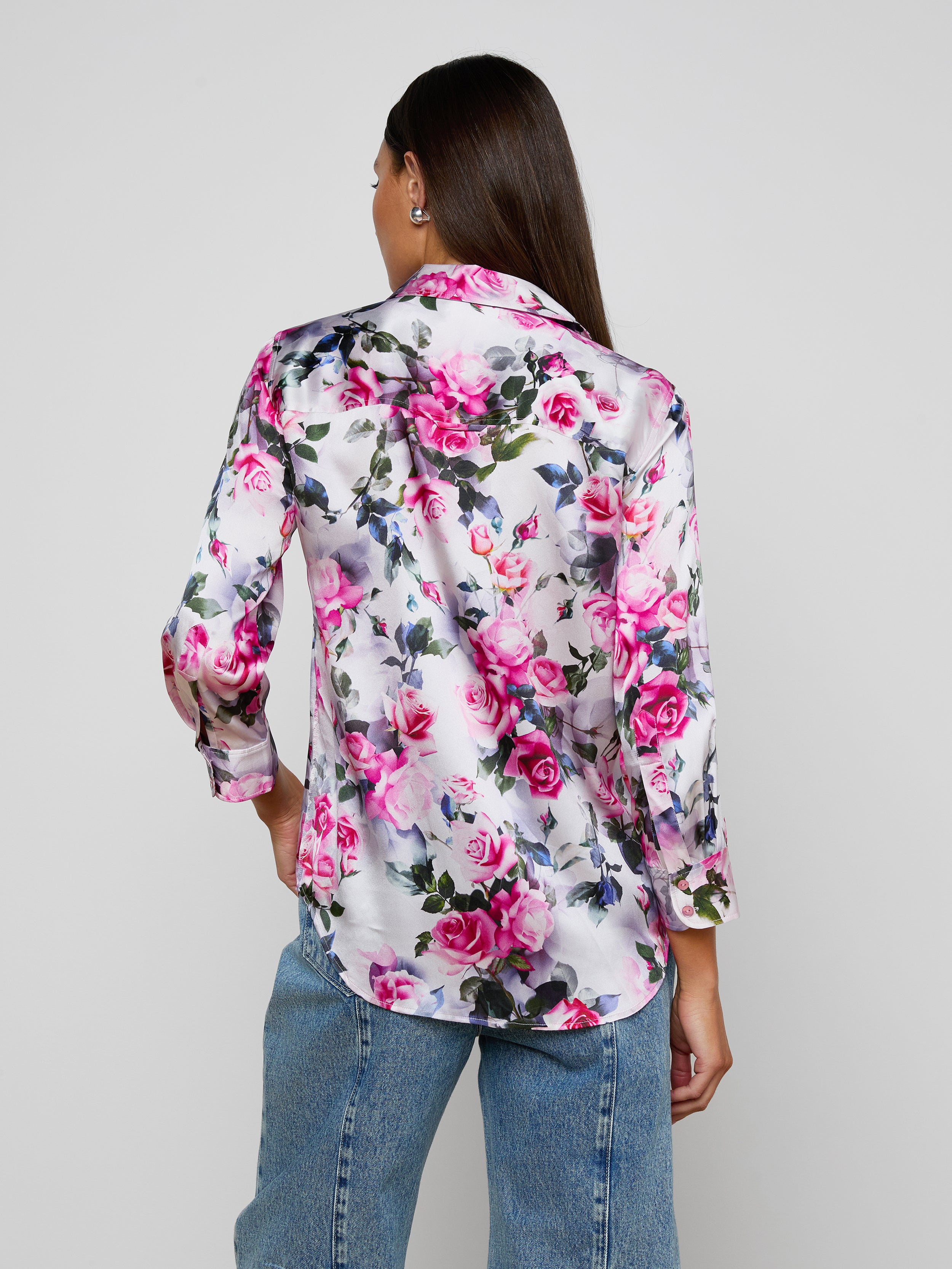 Dani Silk Blouse Top In Pink Multi Water Rose