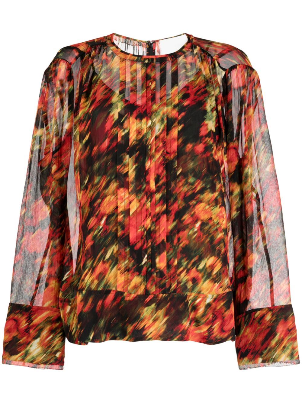 Abstract-print semi-sheer blouse - Red