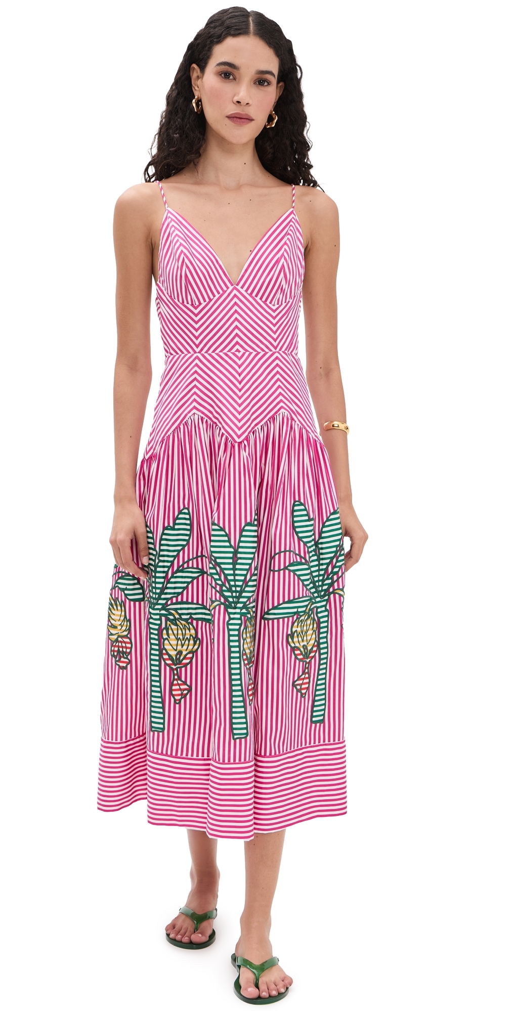 Palm Tree Cutwork Stripes Midi Dress Multi