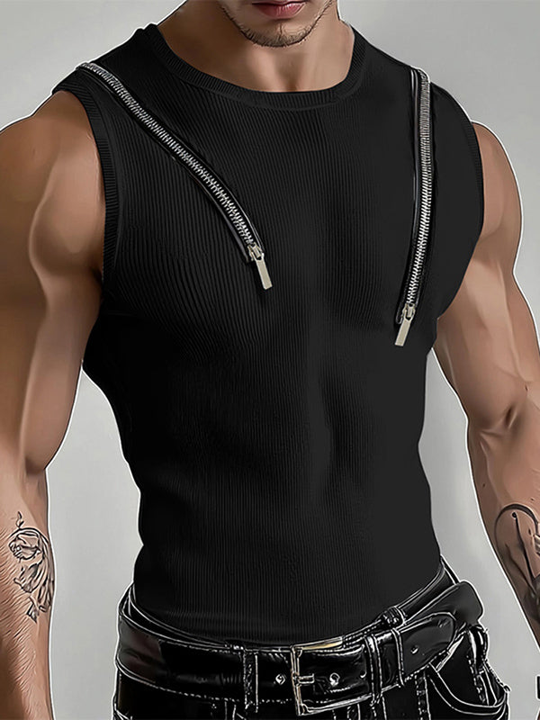 Mens Textured Zip-Up Sleeveless Tank SKUL01069 - Black / S