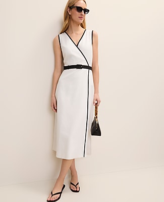 Ann Taylor Belted Midi Dress in Linen Blend