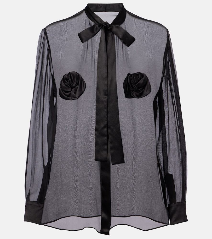 Floral-appliqué sheer silk shirt