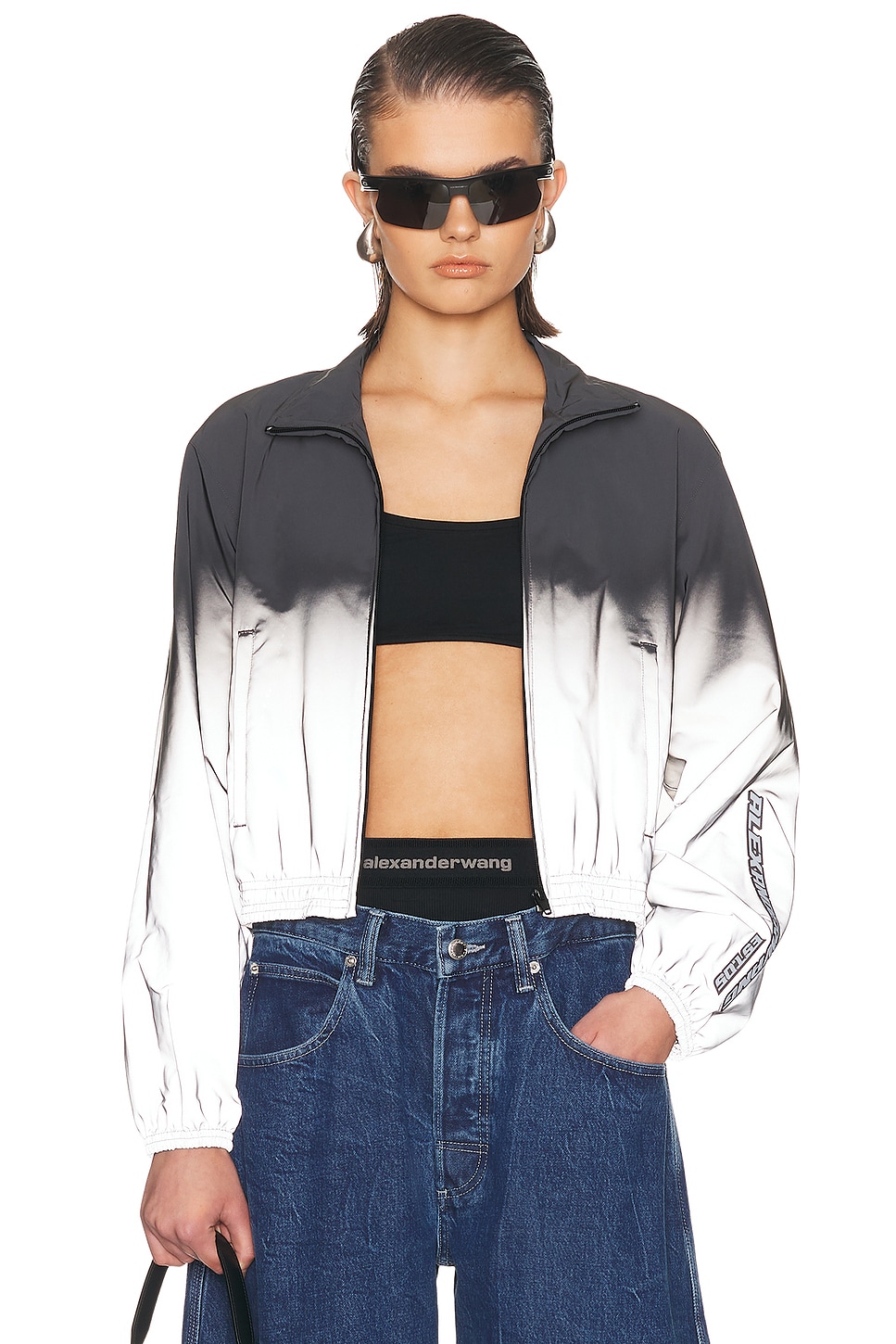 Alexander Wang Reflective Shrunken Track Jacket in Silver & Black - Metallic Silver. L also in