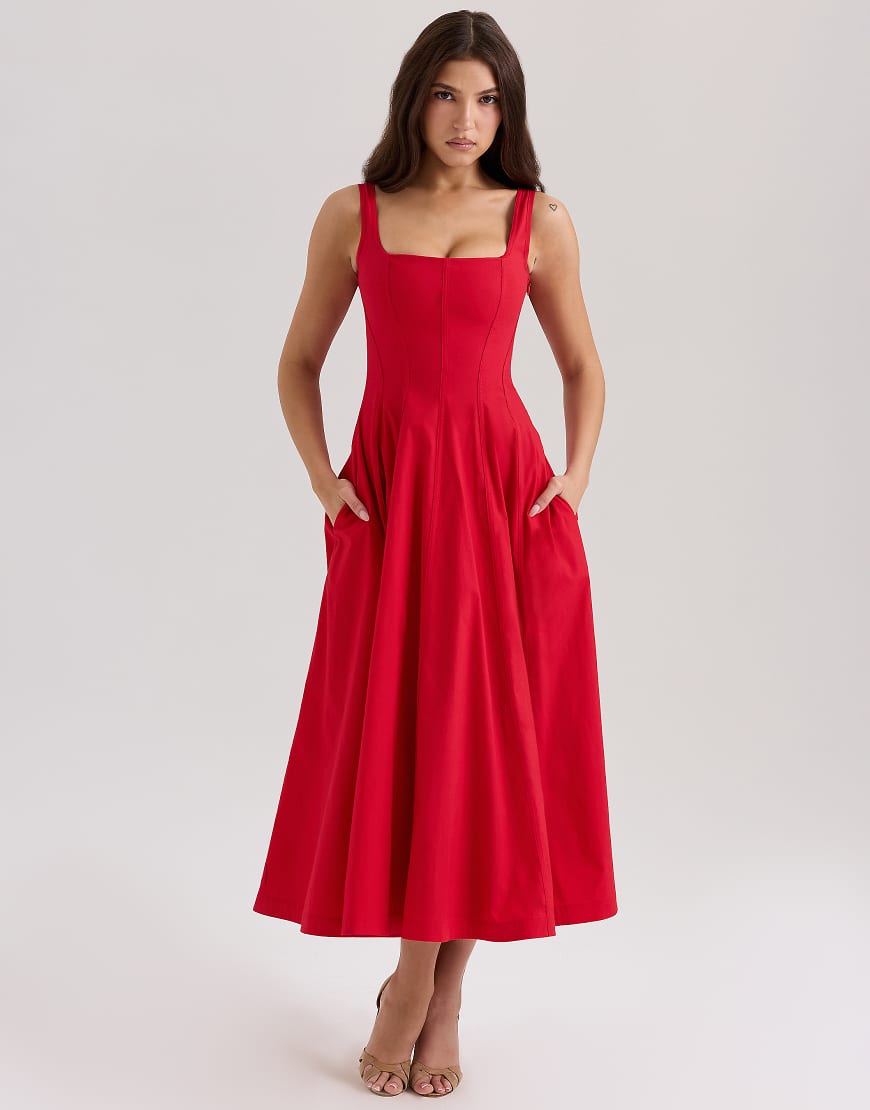 House of CB Mariabella stretch cotton midi sundress in red