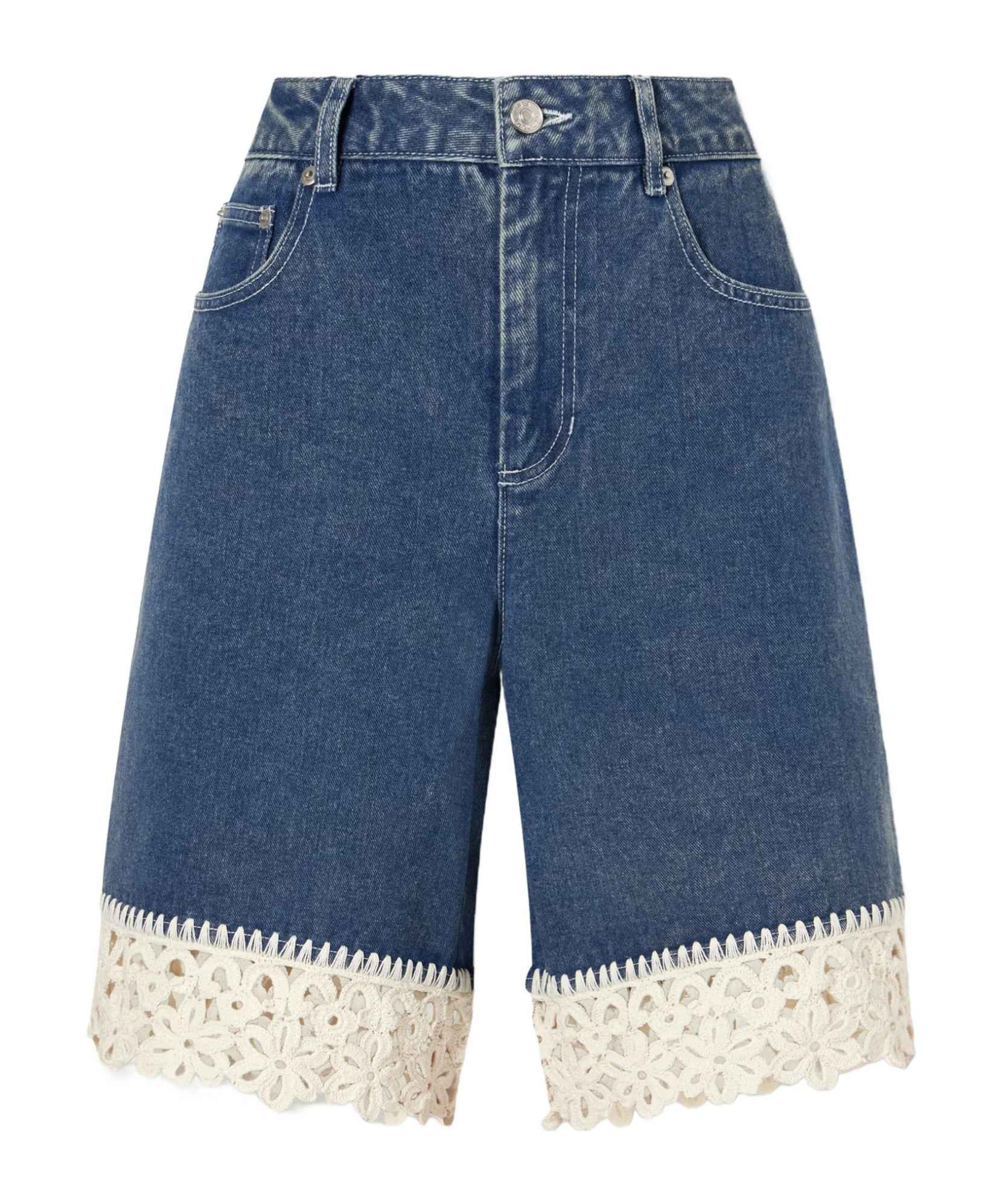 Stasia crochet-knit denim shorts