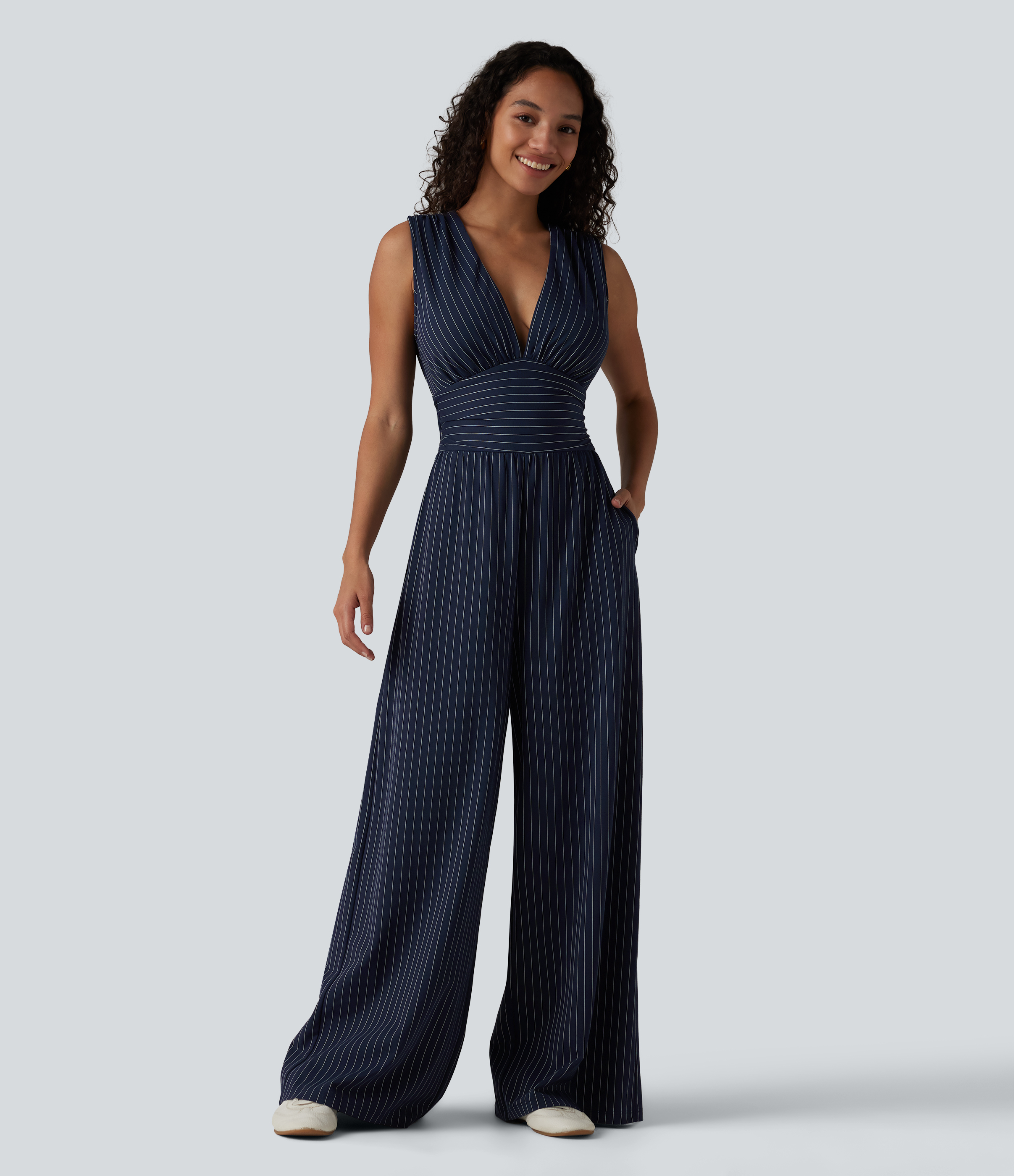 V Neck Sleeveless Ruched Stripes Work Jumpsuit with Pockets-Easy Peezy  - Navy Pinstripe