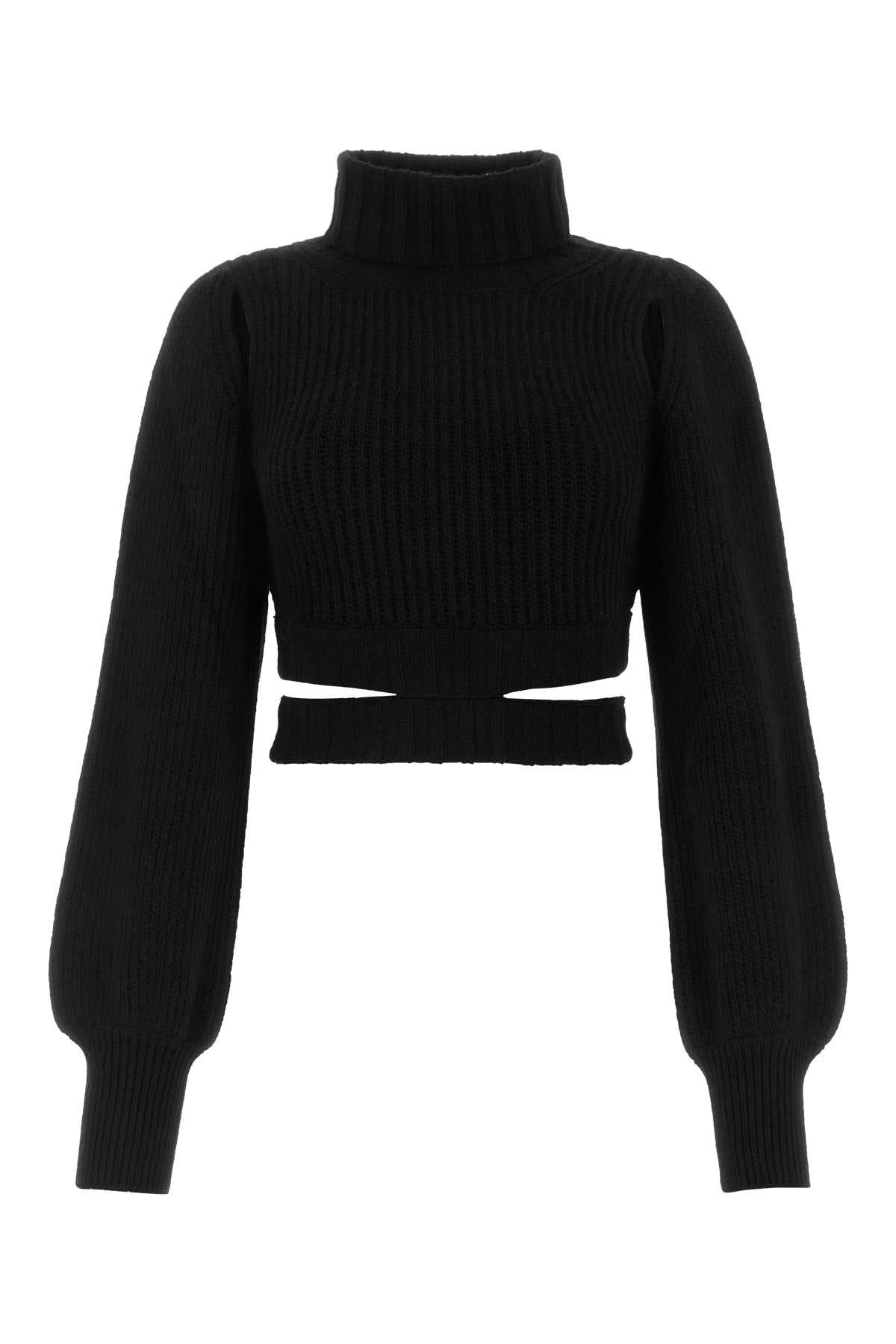 Ribbed Wool-Acrylic Turtleneck Sweater — Black