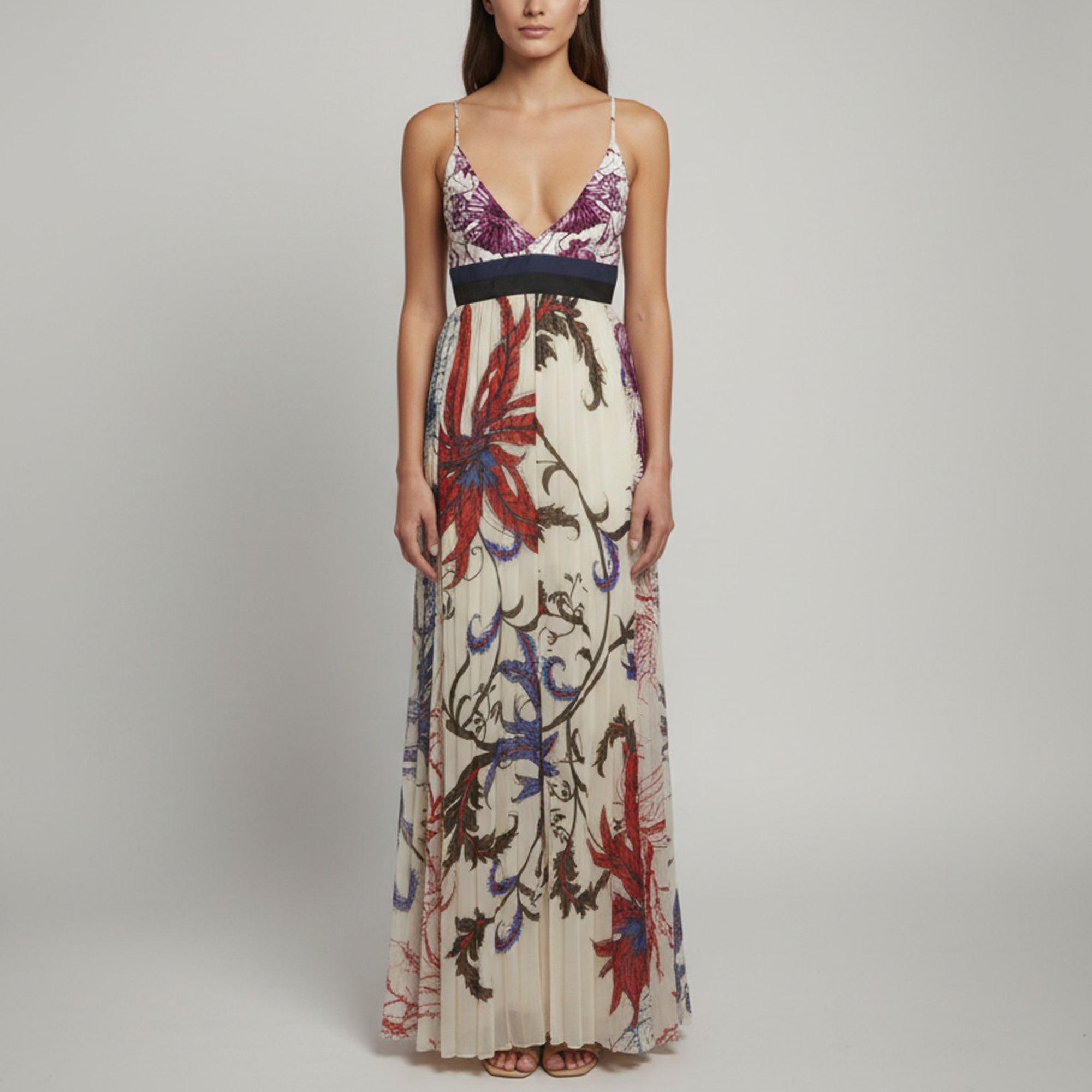 White Floral Print Silk Crepe Décolleté Maxi Dress