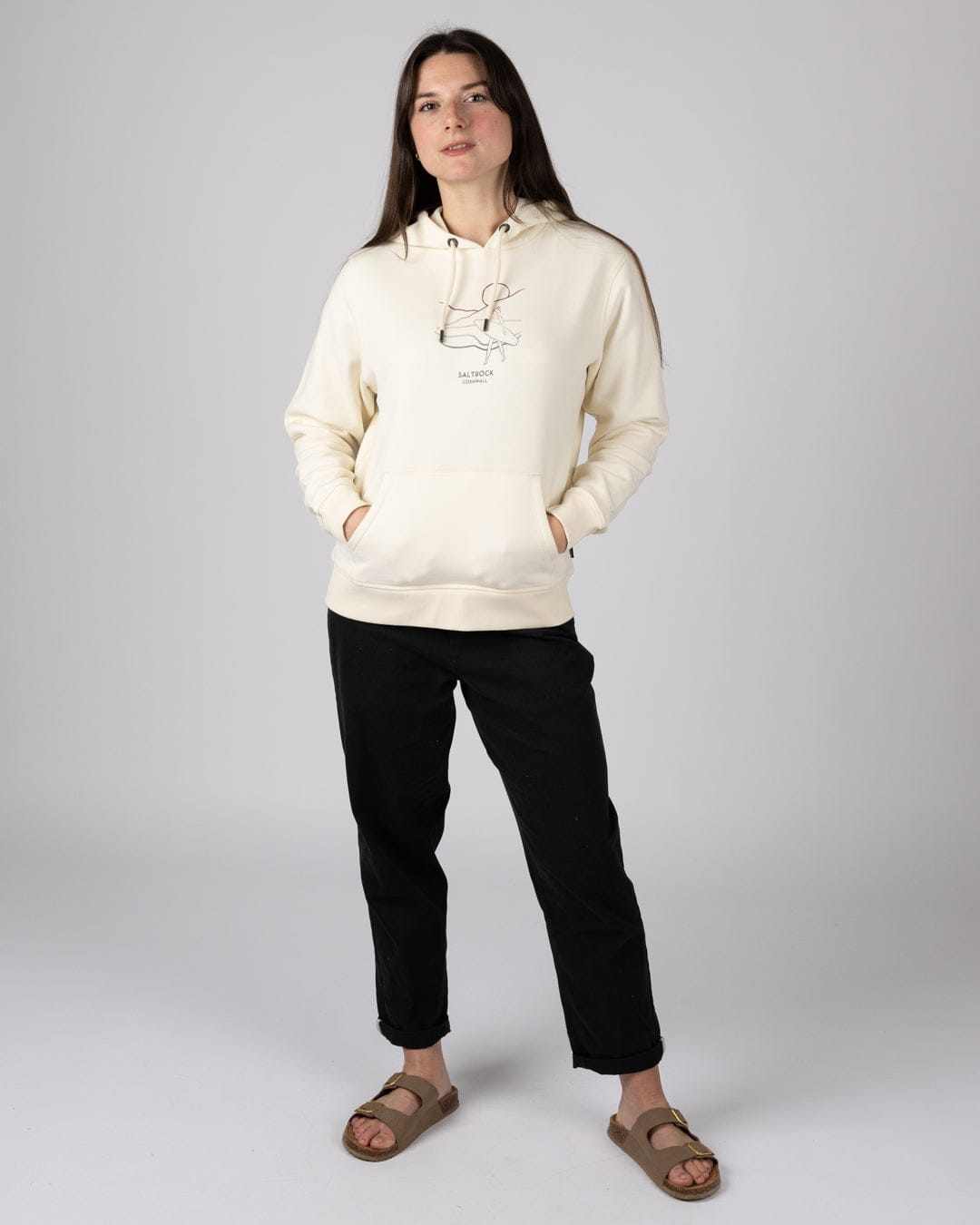 Saltrock Happy Place Cornwall Womens Pop Hoodie in Crea
