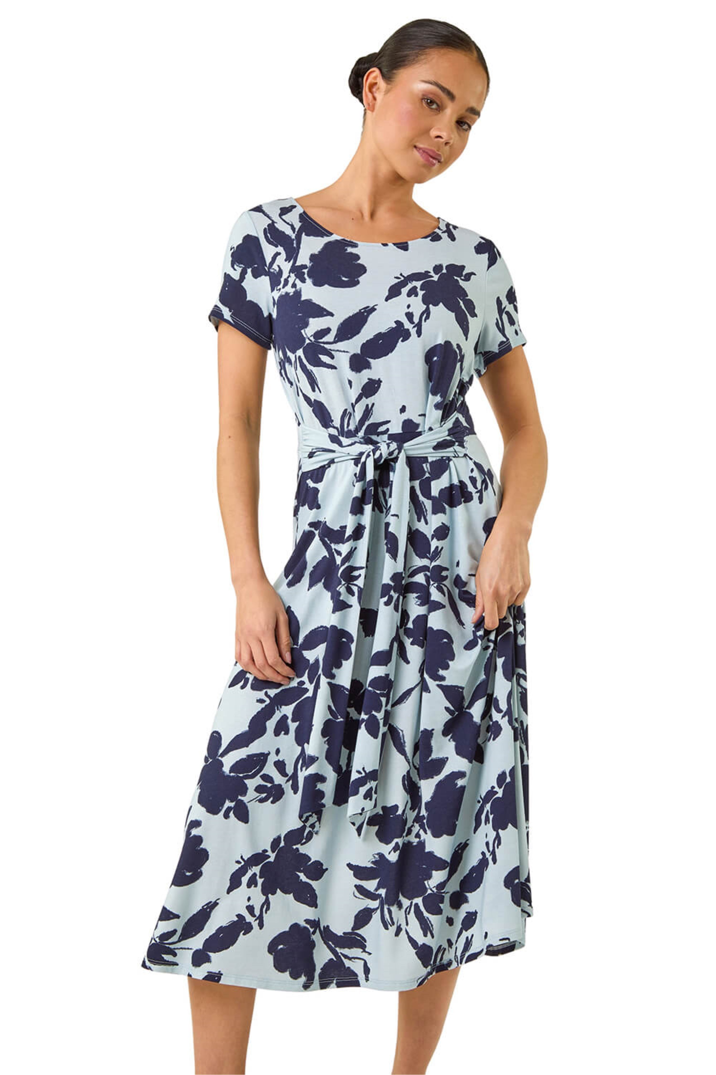 Roman Womens Petite Floral Tie Front Stretch Midi Dress - Blue