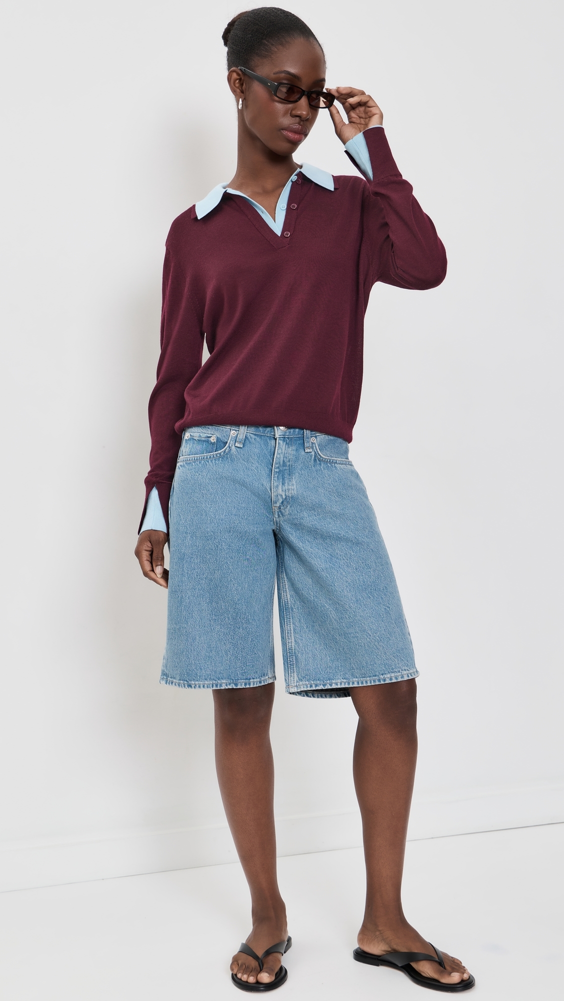 Superfine Merino Wool Layered Polo Black Cherry/Light Blue Trim