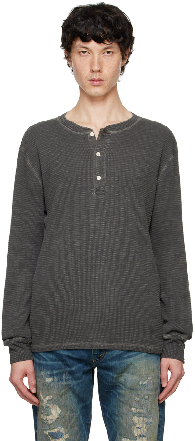 RRL Black Waffle-Knit Henley
