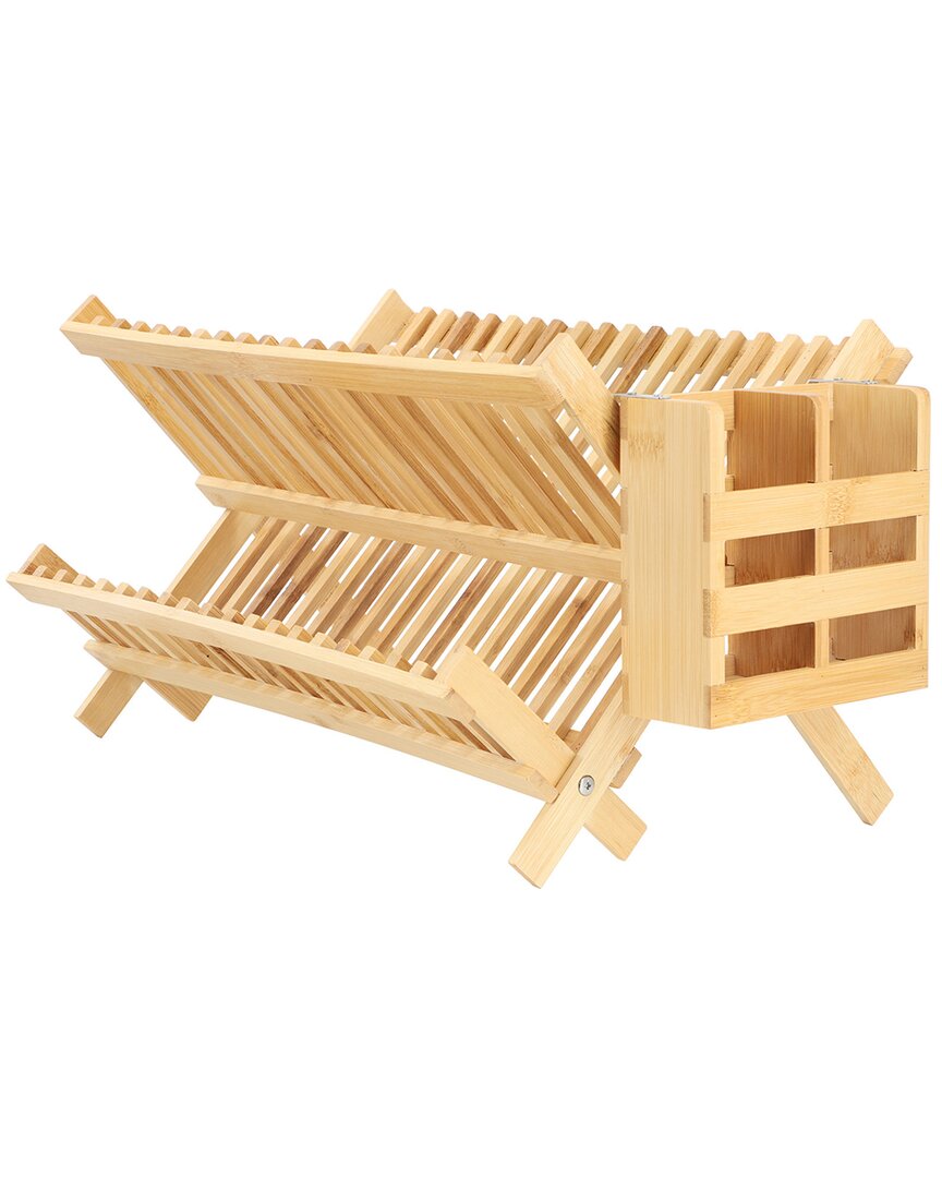 2-Tier Collapsible Bamboo Drying Dish Rack with Utensil Holder