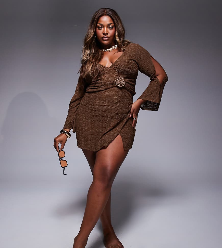 ASOS DESIGN Curve Raffi plunge mini dress in dark brown